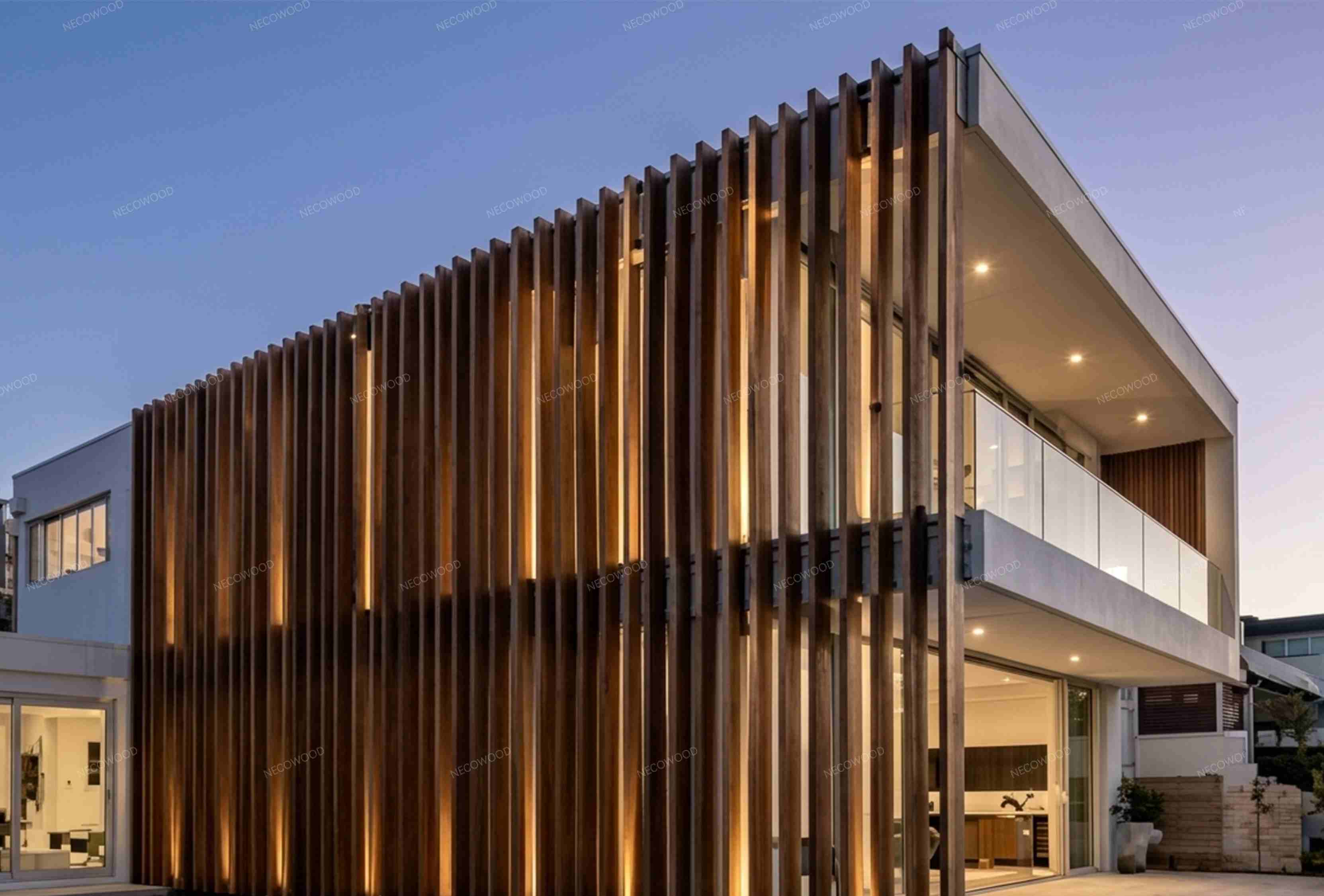 Necowood WPC Timber Tube Privacy Screen in High-Rise Architecture