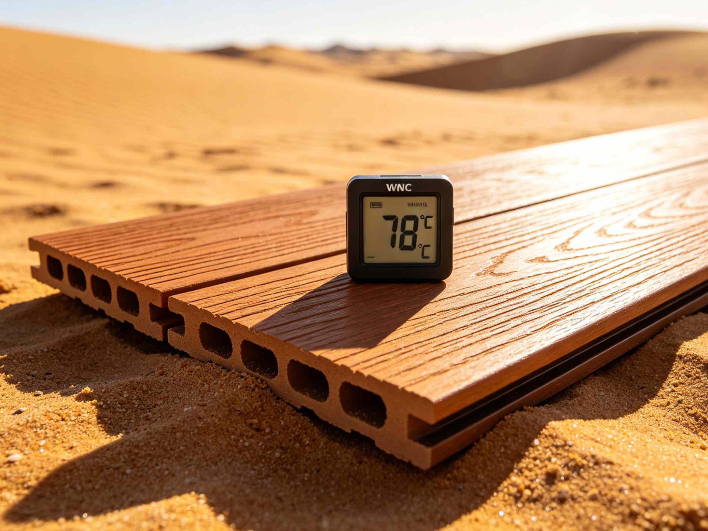 Necowood ASA/PVC panels on a desert building facade under bright sun