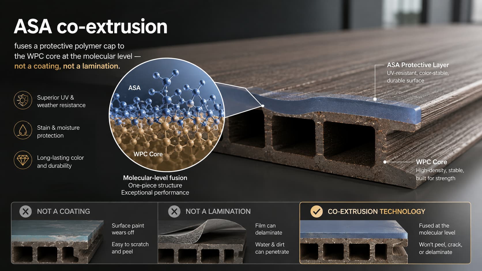 Necowood ASA co-extrusion WPC wall panel cross-section showing protective cap layer fused to core