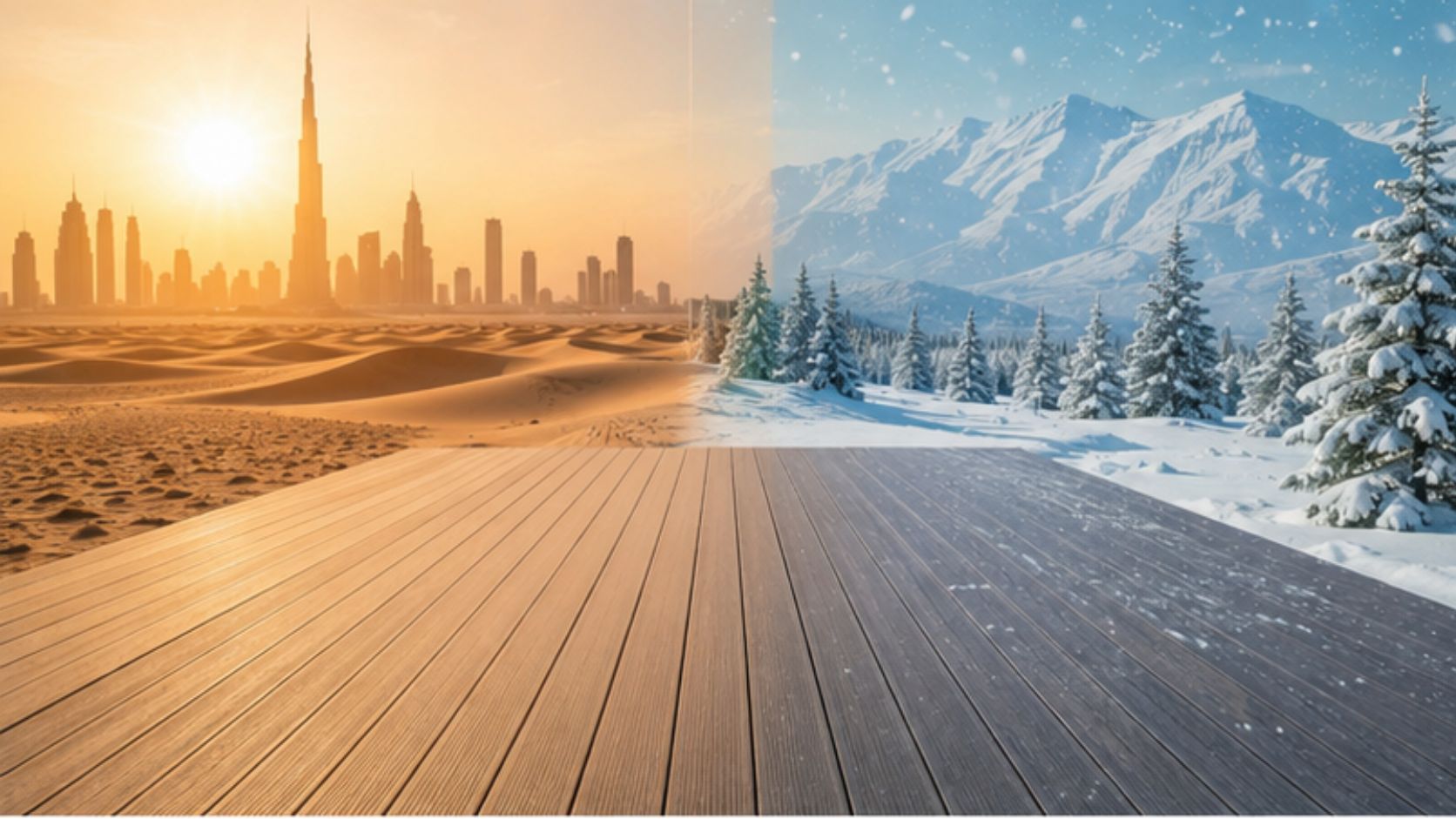 Necowood WPC installations across extreme climates: Dubai desert, Canadian winter, tropical humidity