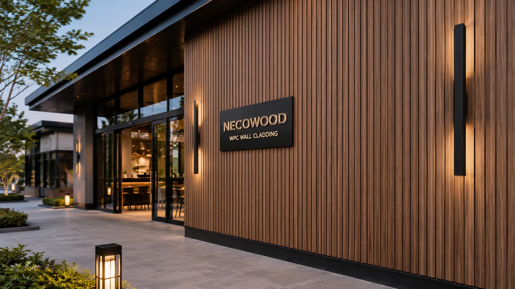 Modern building facade with WPC wall cladding installation showing lightweight panel system