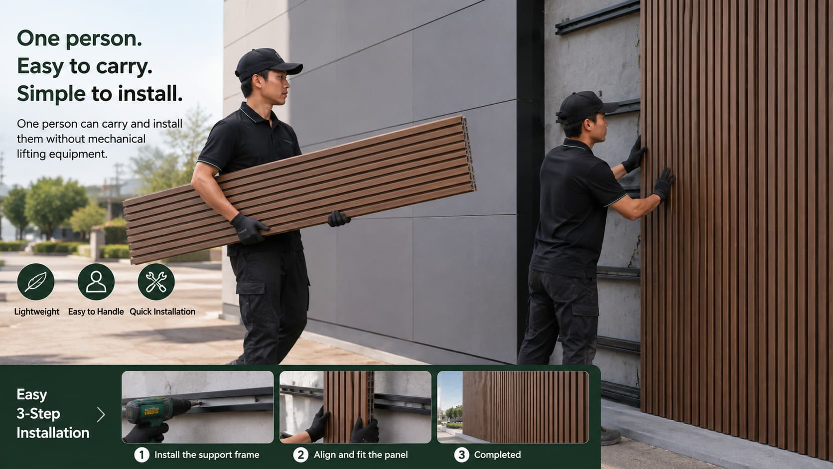 WPC panels being installed on a building facade showing lightweight handling