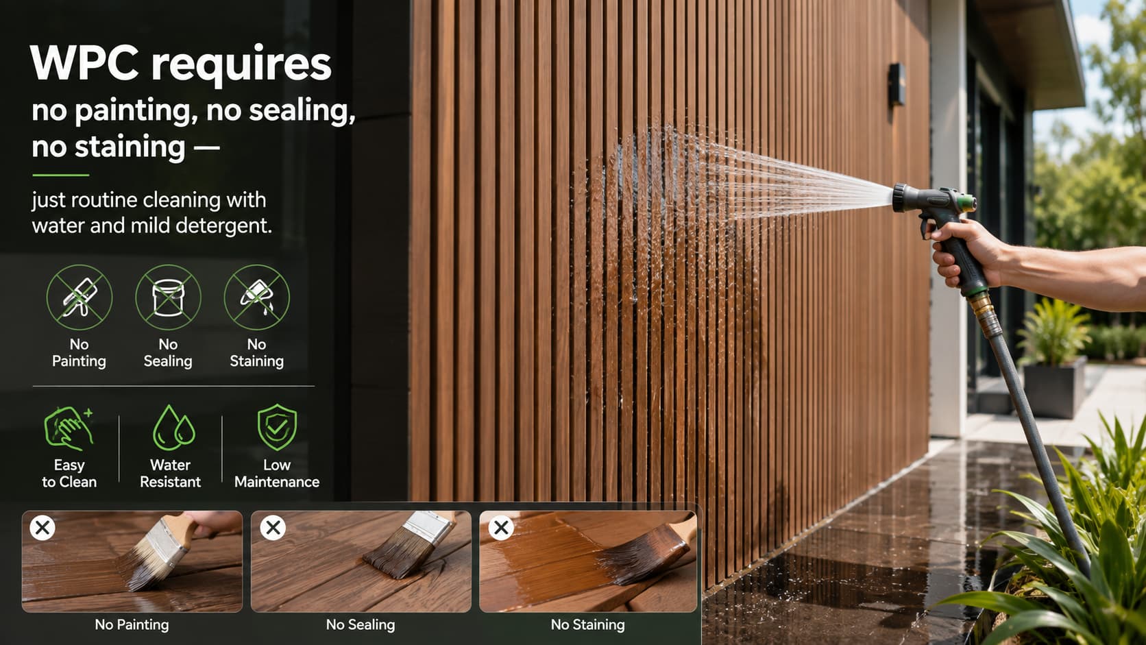 WPC panels on a building facade showing weather resistance and zero maintenance appearance