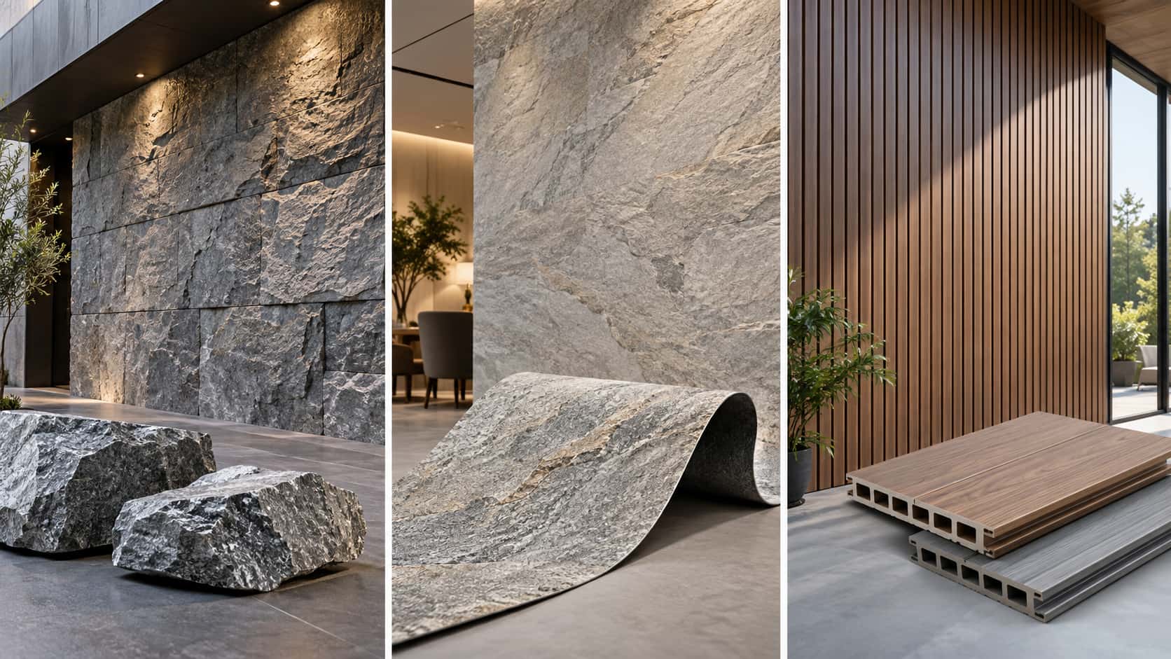 Comparison of natural stone, flexible stone veneer, and WPC wall panels