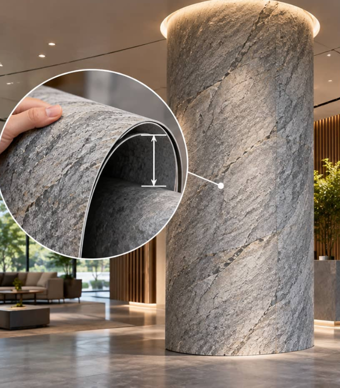 Flexible veneer wrapping a column