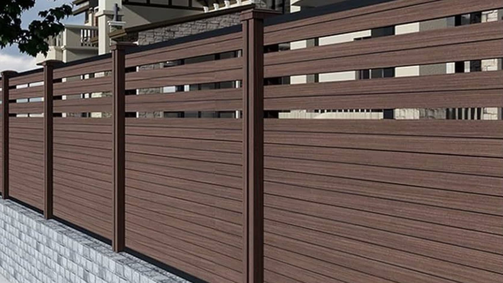 Necowood WPC composite fence panel showing wood-like texture and color options