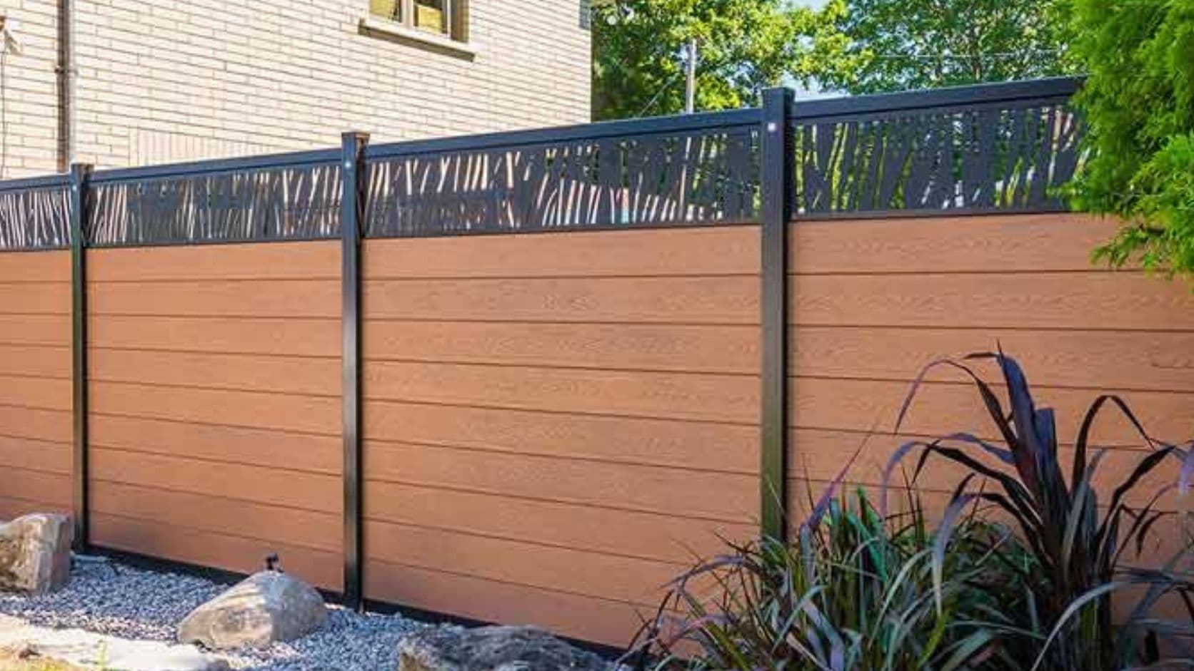 Modern composite WPC fence panel installation with wood-like finish