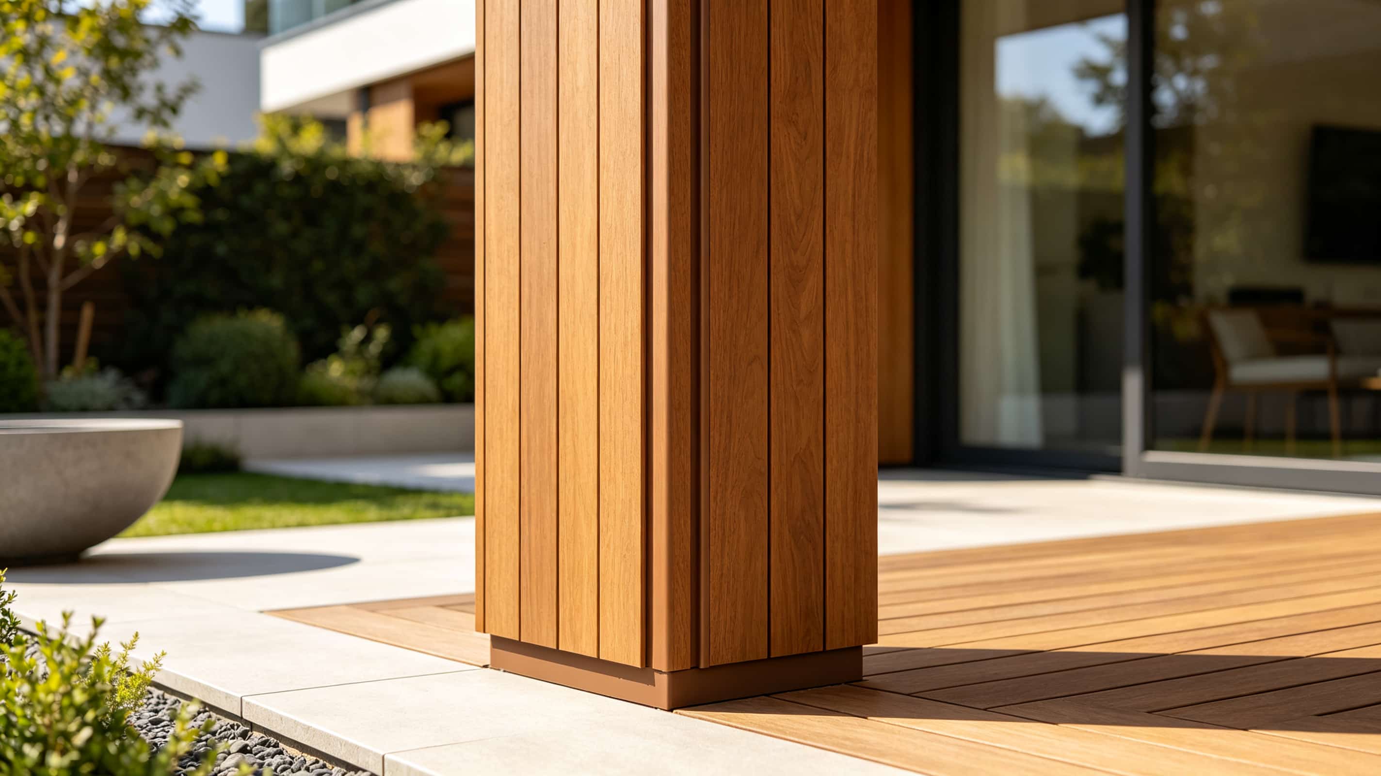 Structural column corner wrapped with wood grain WPC corner trim