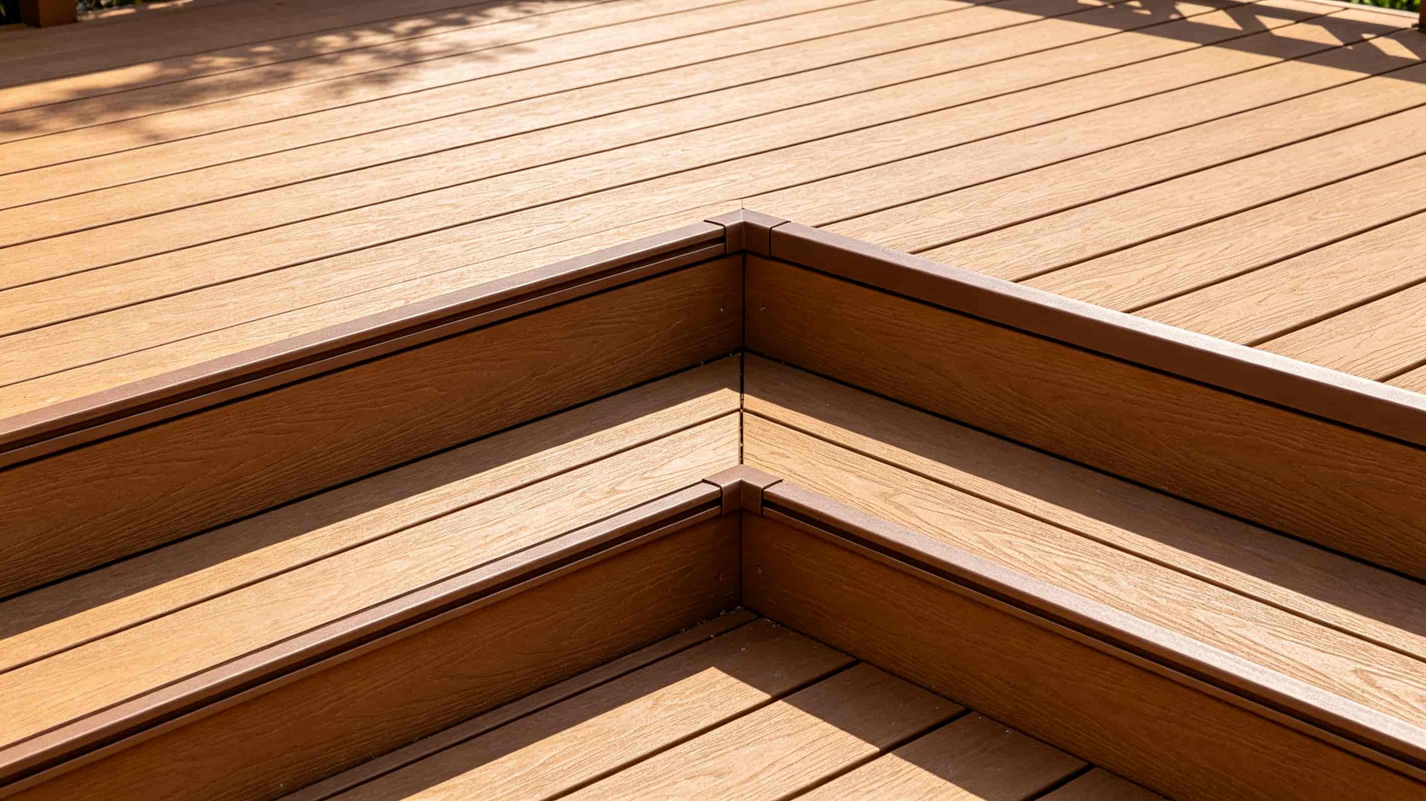 Decking board edge and step nosing finished with ASA WPC corner profile
