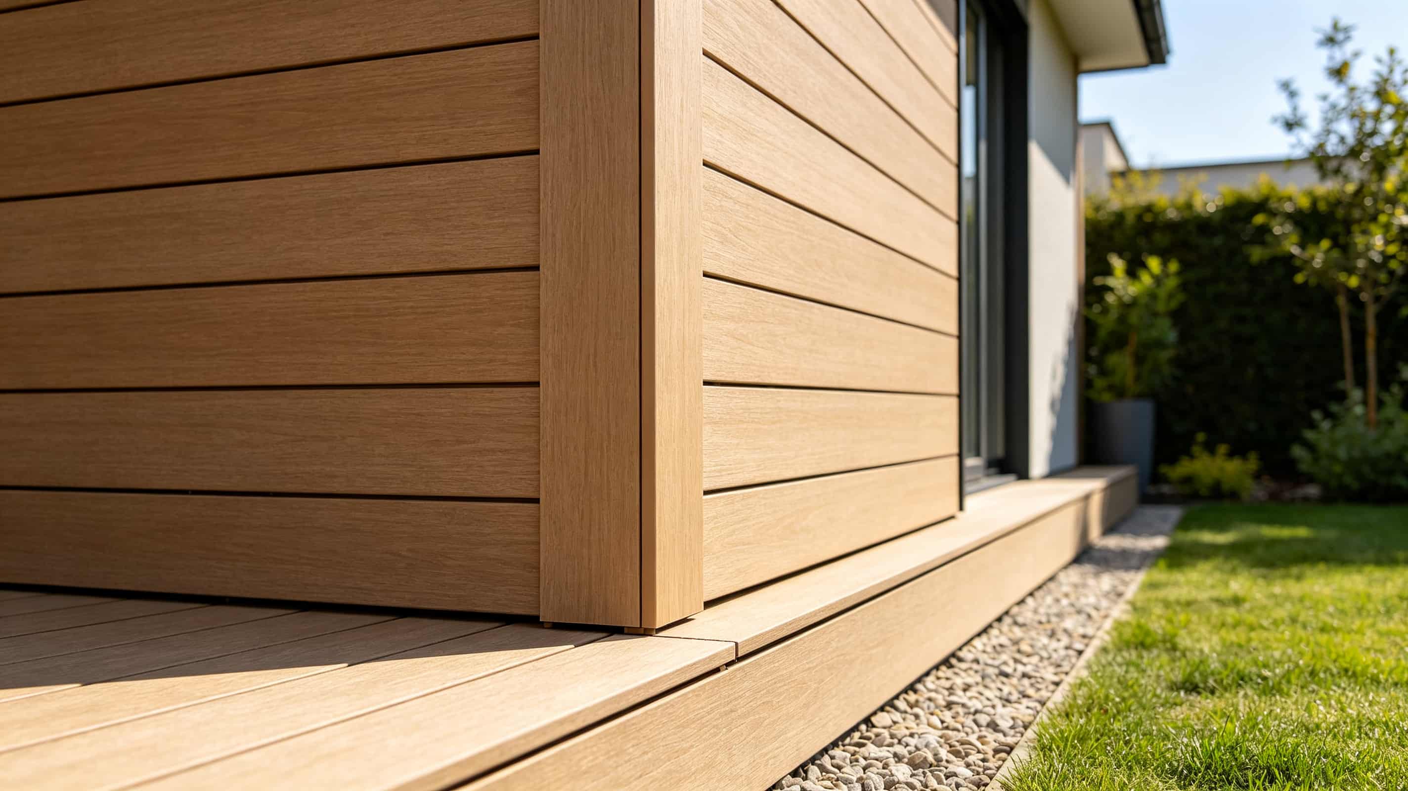 External wall corner on WPC cladding finished with wood grain ASA corner trim