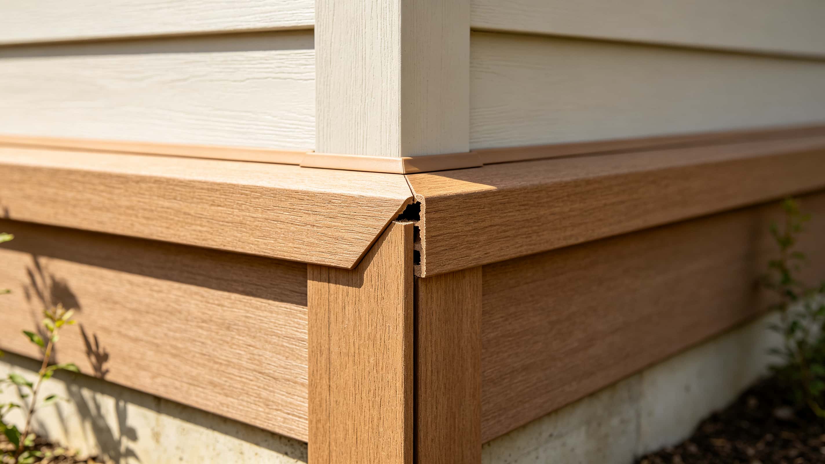 Exposed WPC panel edge covered with ASA wood grain corner trim profile