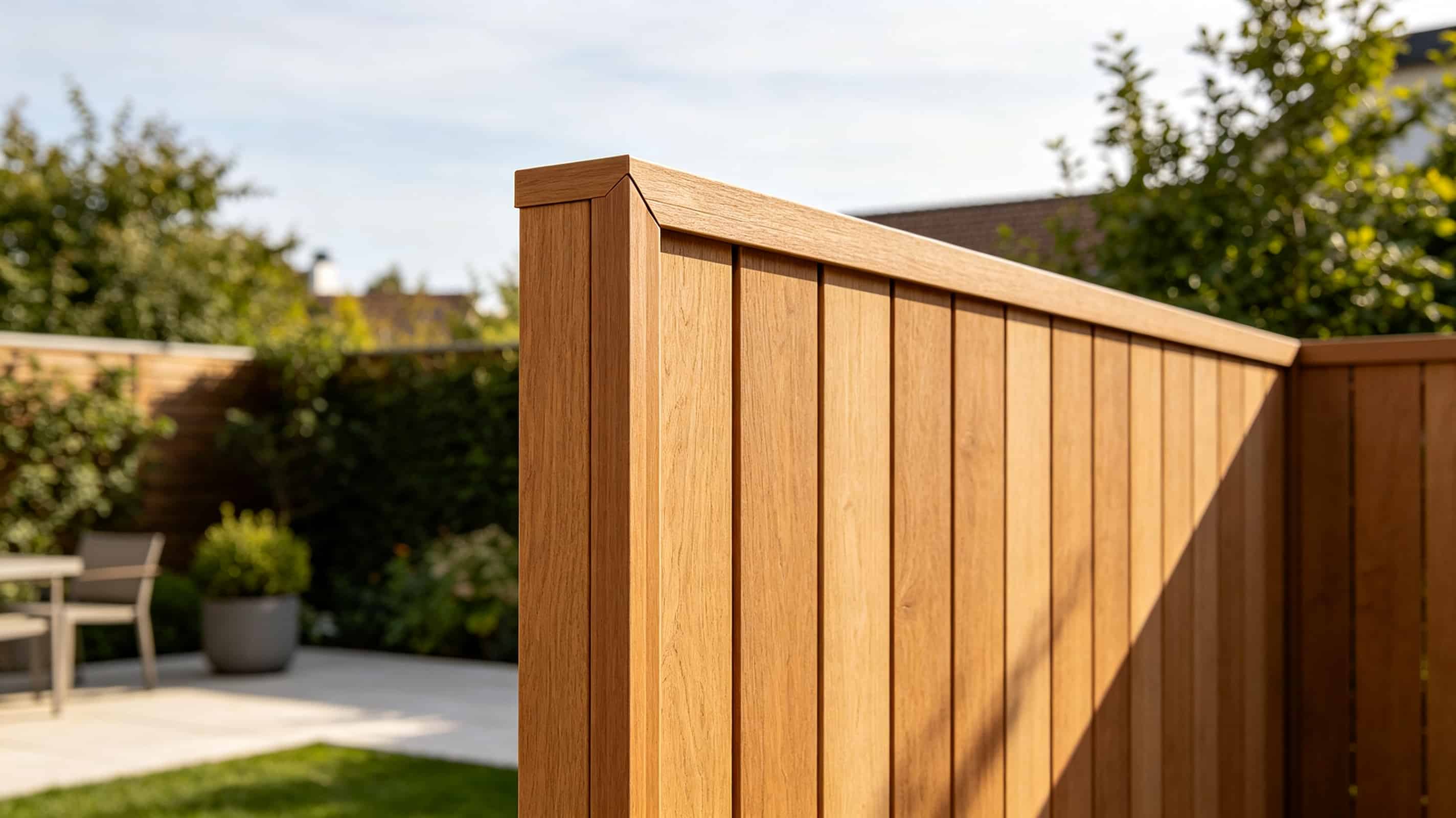 Outdoor privacy screen edge trimmed with WPC corner profile