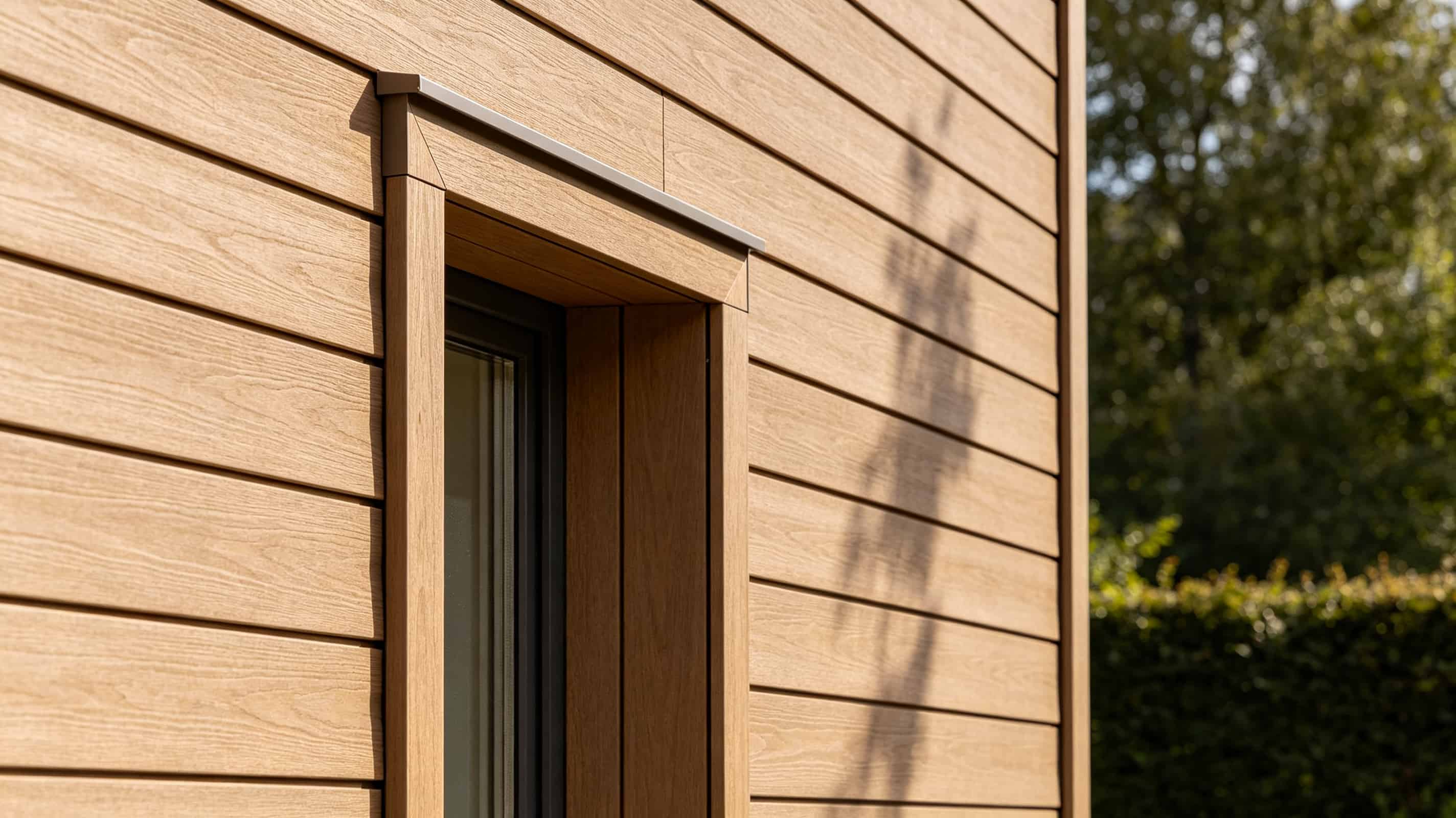 Window opening edge finished with ASA WPC corner trim where cladding panels terminate