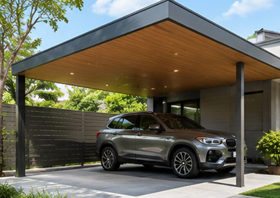 WPC cladding on carport and parking canopy ceilings