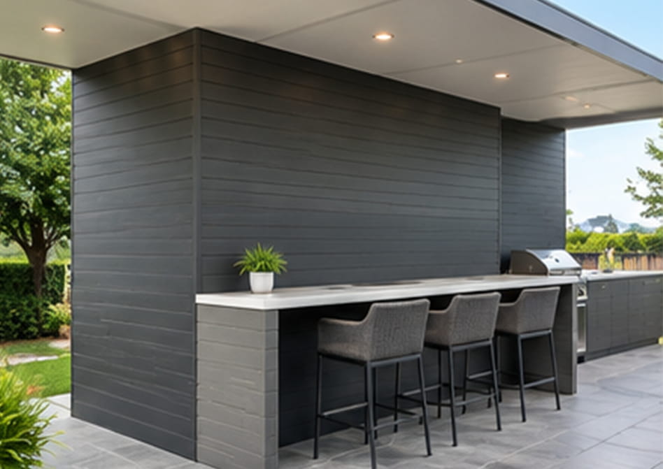 WPC wall and ceiling cladding for outdoor kitchen and BBQ zones