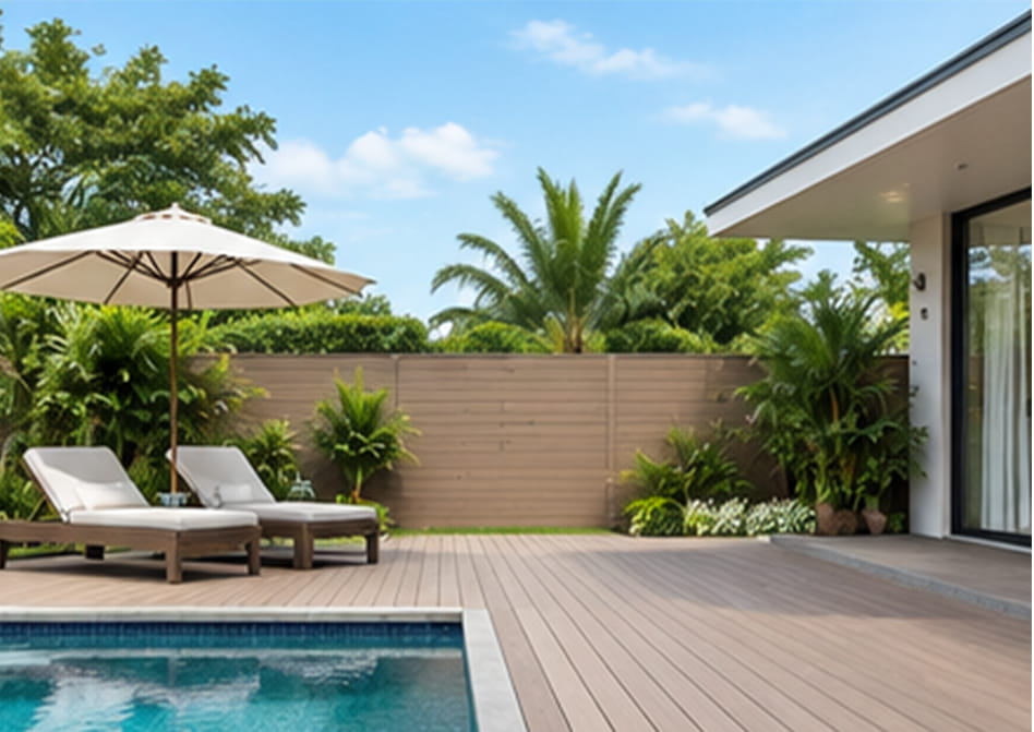 WPC soffit and wall cladding in poolside covered areas