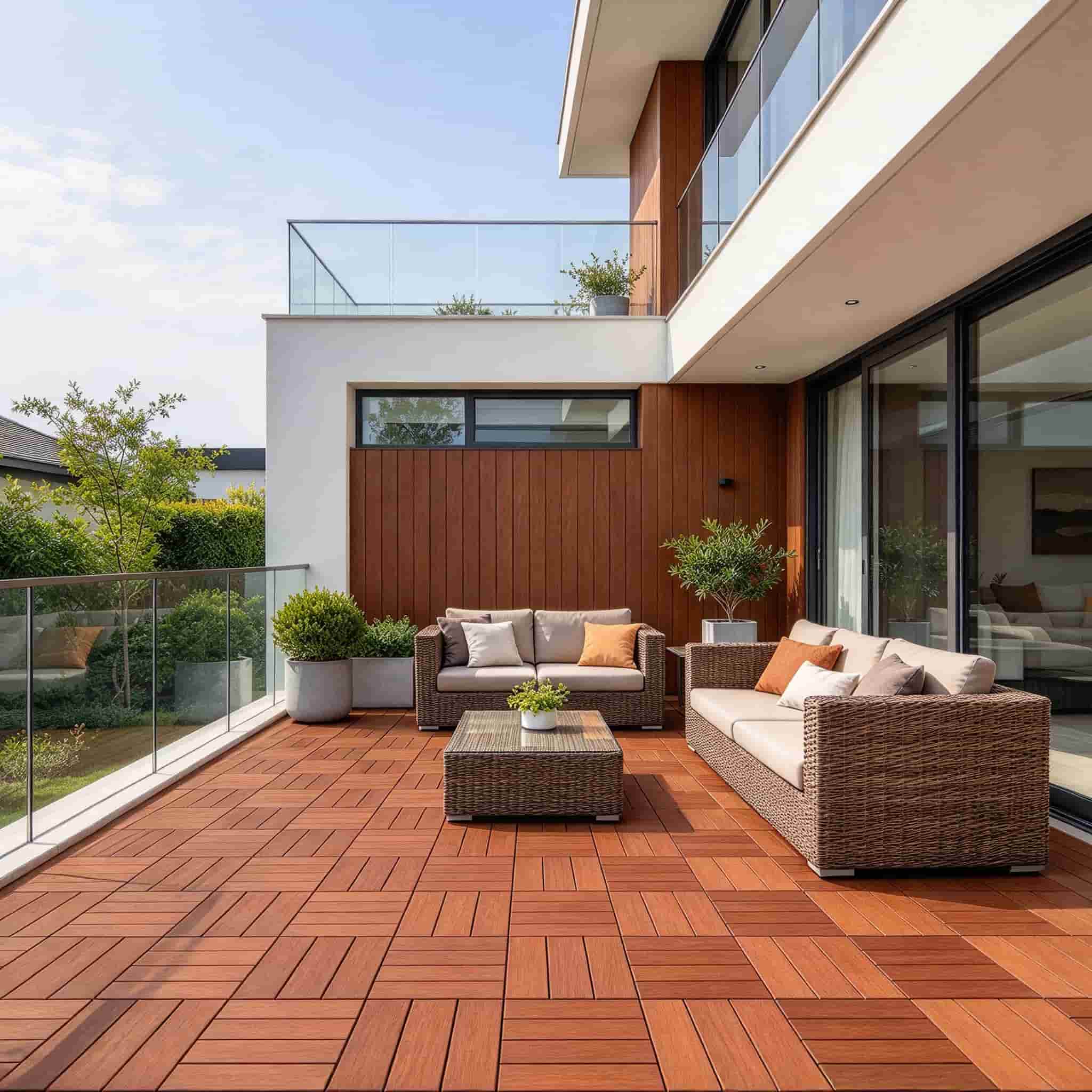 NECOWOOD interlocking WPC patio floor tiles on a residential balcony and backyard patio
