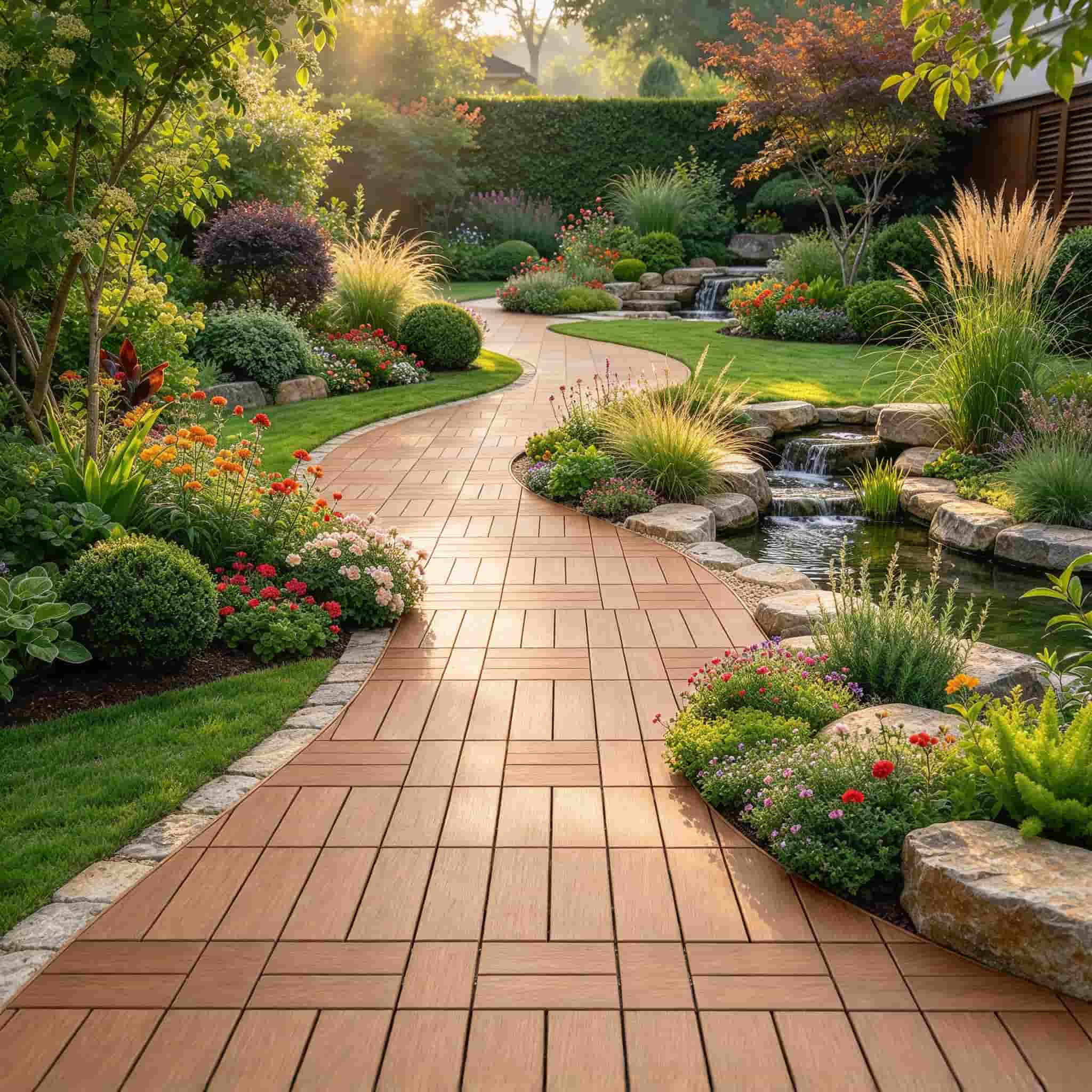 NECOWOOD WPC interlocking patio floor tiles used on a garden path and walkway