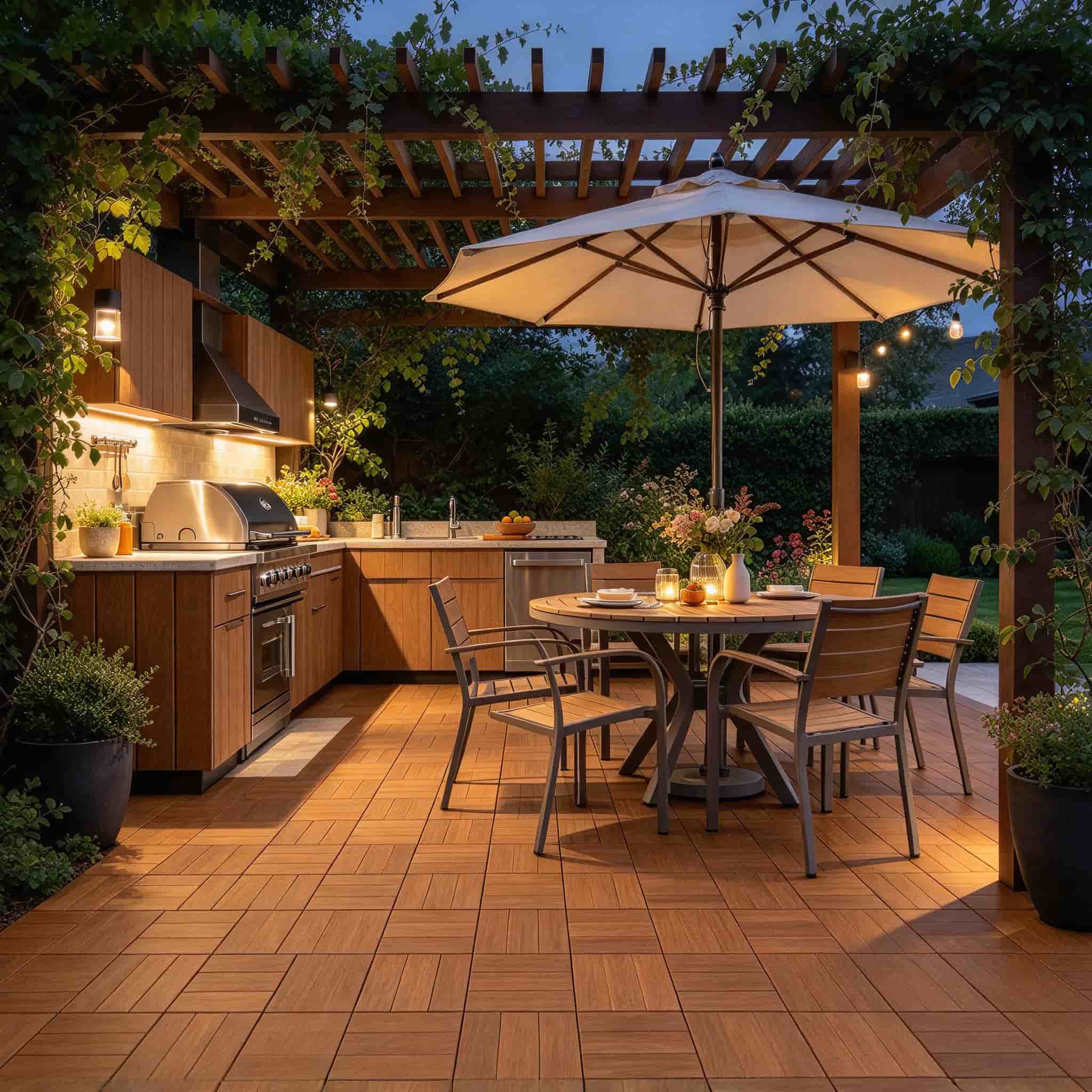 NECOWOOD WPC interlocking patio floor tiles in an outdoor kitchen, BBQ and dining area