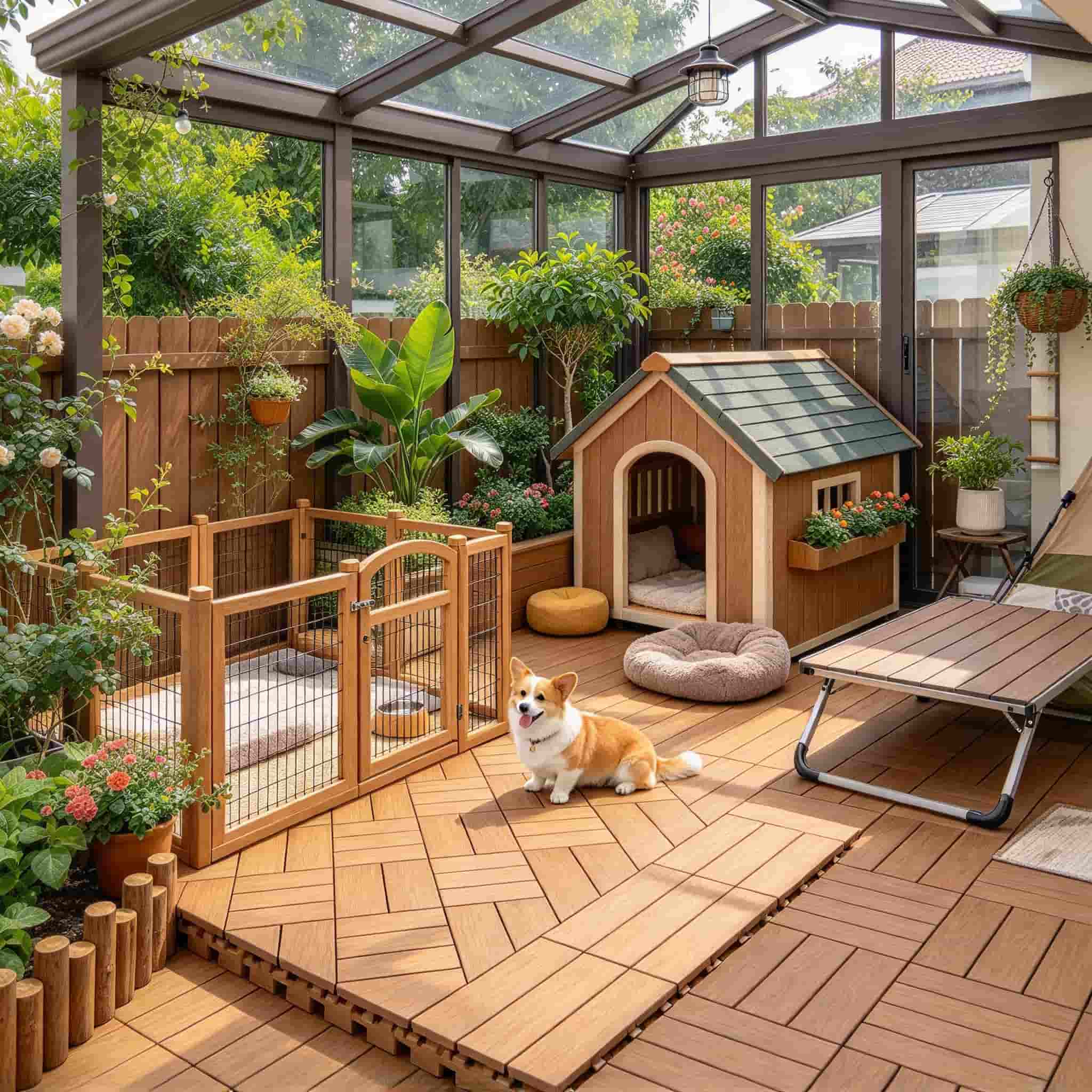 NECOWOOD WPC interlocking patio floor tiles in a pet area, RV pad and sunroom
