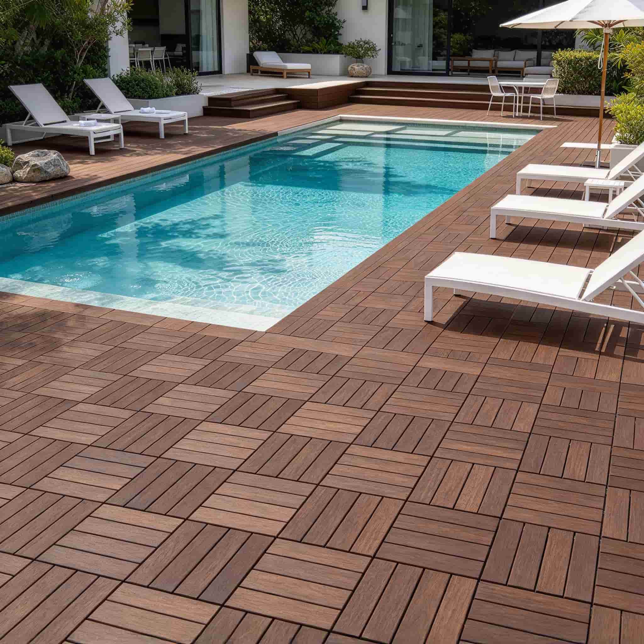 NECOWOOD non-slip WPC interlocking deck tiles around a swimming pool and outdoor shower