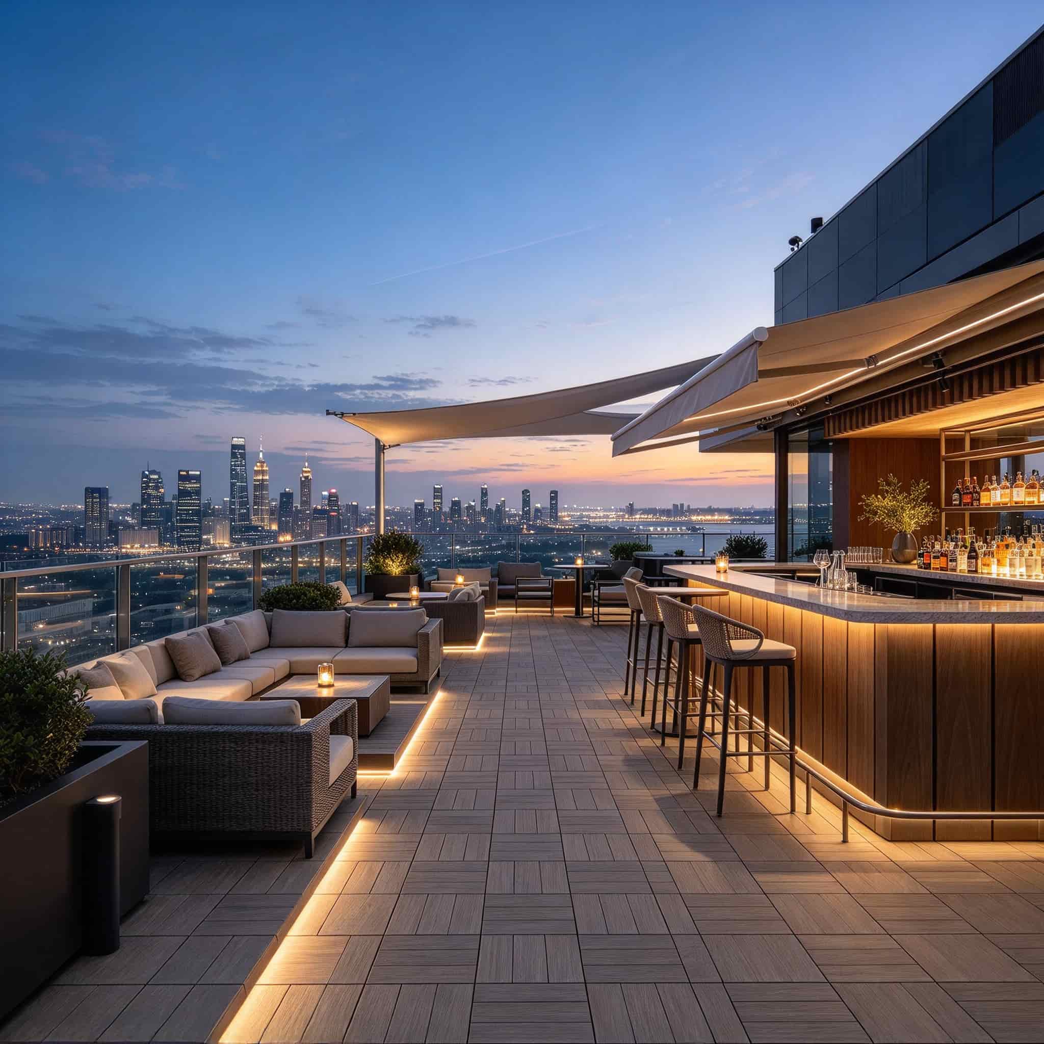 NECOWOOD WPC interlocking patio floor tiles on a rooftop terrace and hotel outdoor lounge